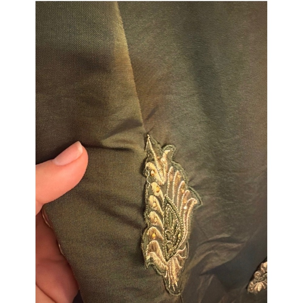 Vintage Olive Green Gold Embroidered Sequin Sleeveless Fit Flare Dress Womens - Picture 6 of 8